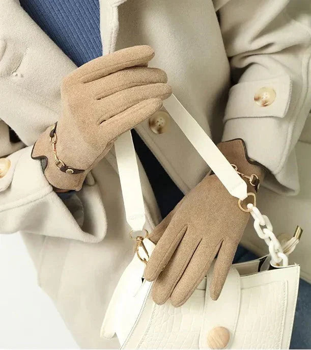Damen Handschuhe mit Zierschnalle oder Pompon in verschiedenen Farben