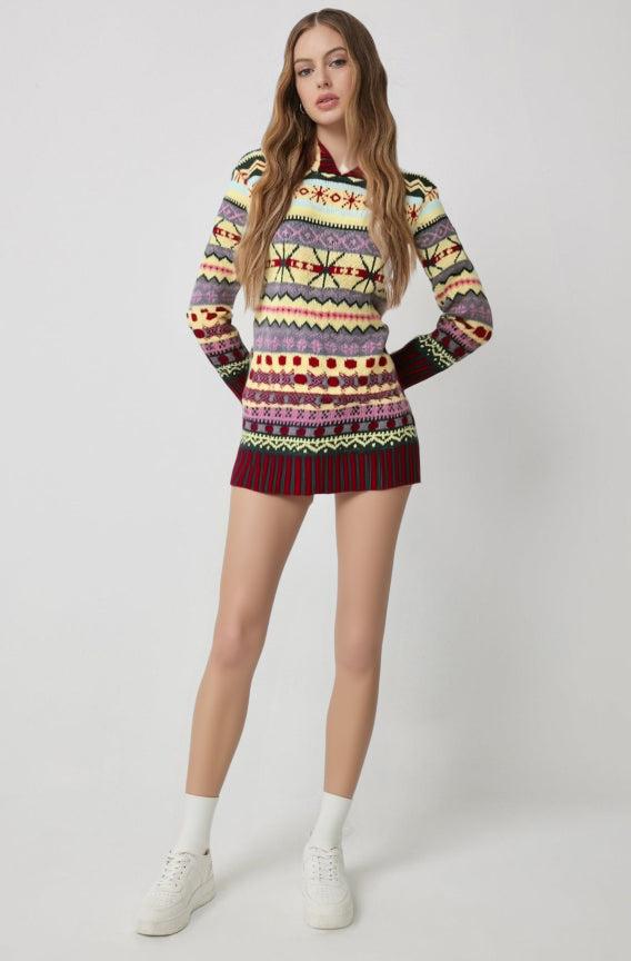 Damen Pulloverkleid mit Fair-Isle-Muster, langärmelig, mehrfarbig