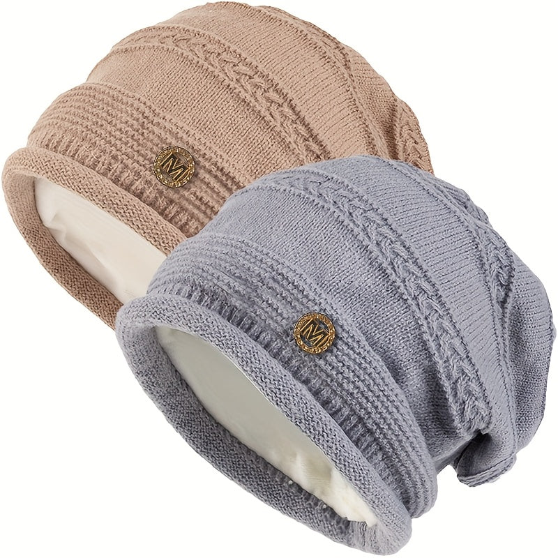 Slouchy Beanie Mütze Damen Strickmütze Beige mit Muster weiches Innenfutter