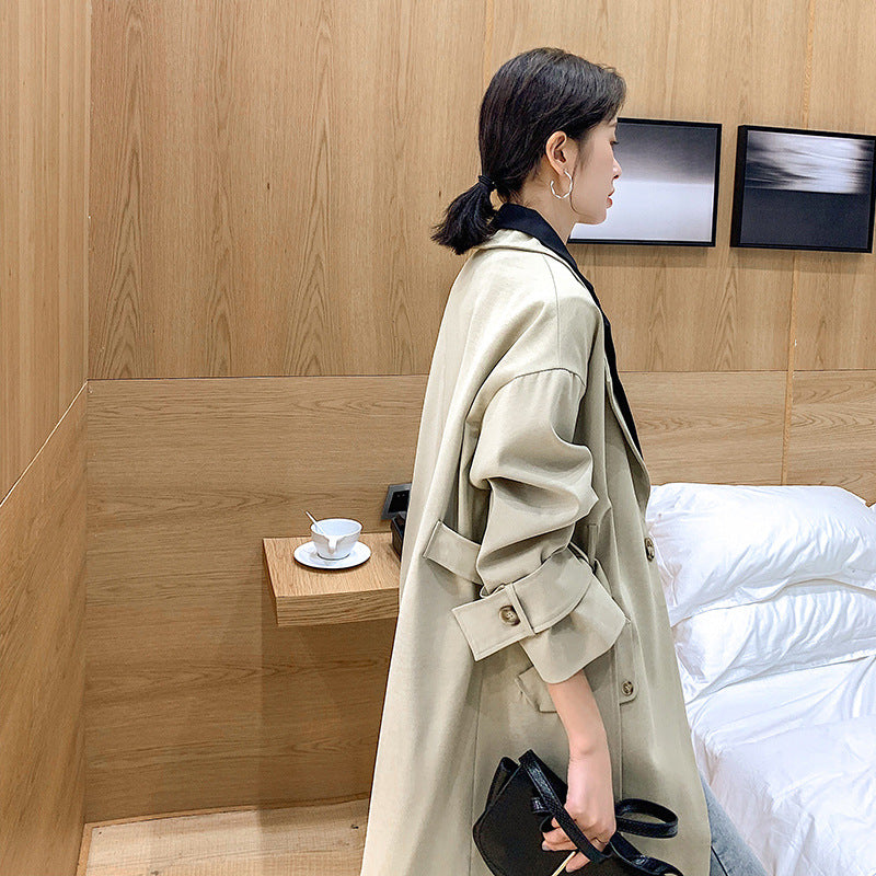 Zweifarbiger Trenchcoat Damen Lang Mantel im Color-Block Stil mit Reverskragen