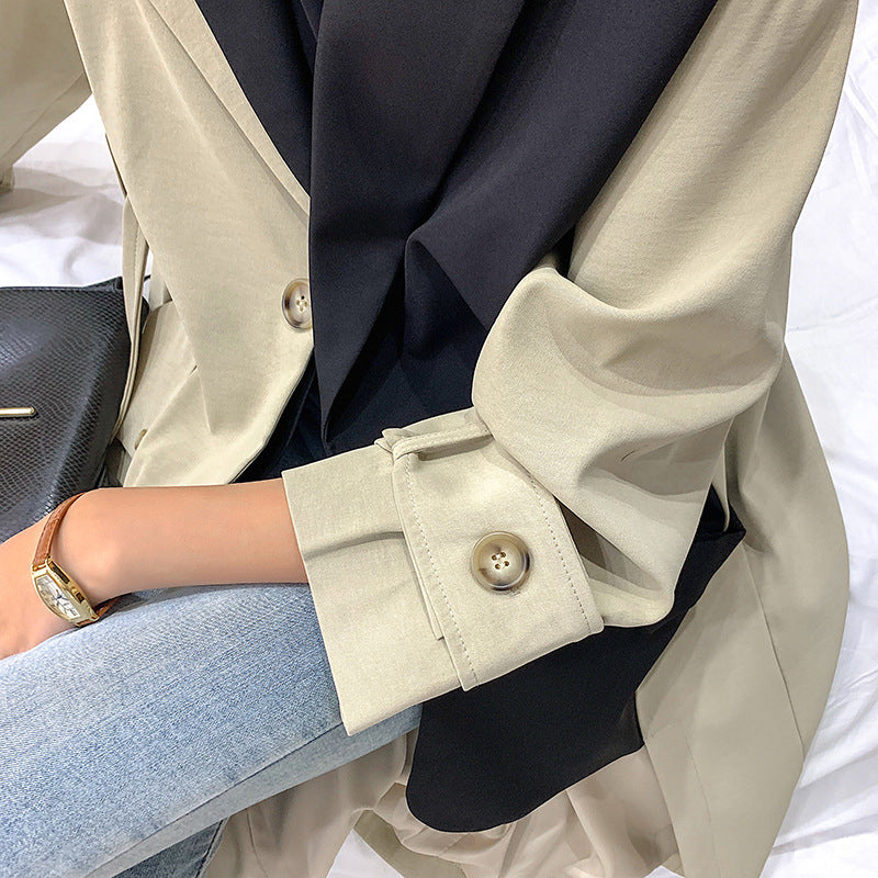 Zweifarbiger Trenchcoat Damen Lang Mantel im Color-Block Stil mit Reverskragen