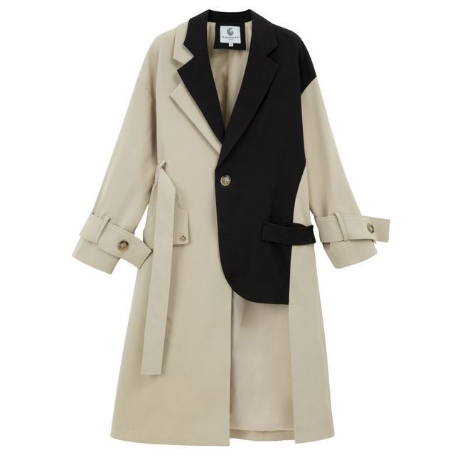 Zweifarbiger Trenchcoat Damen Lang Mantel im Color-Block Stil mit Reverskragen