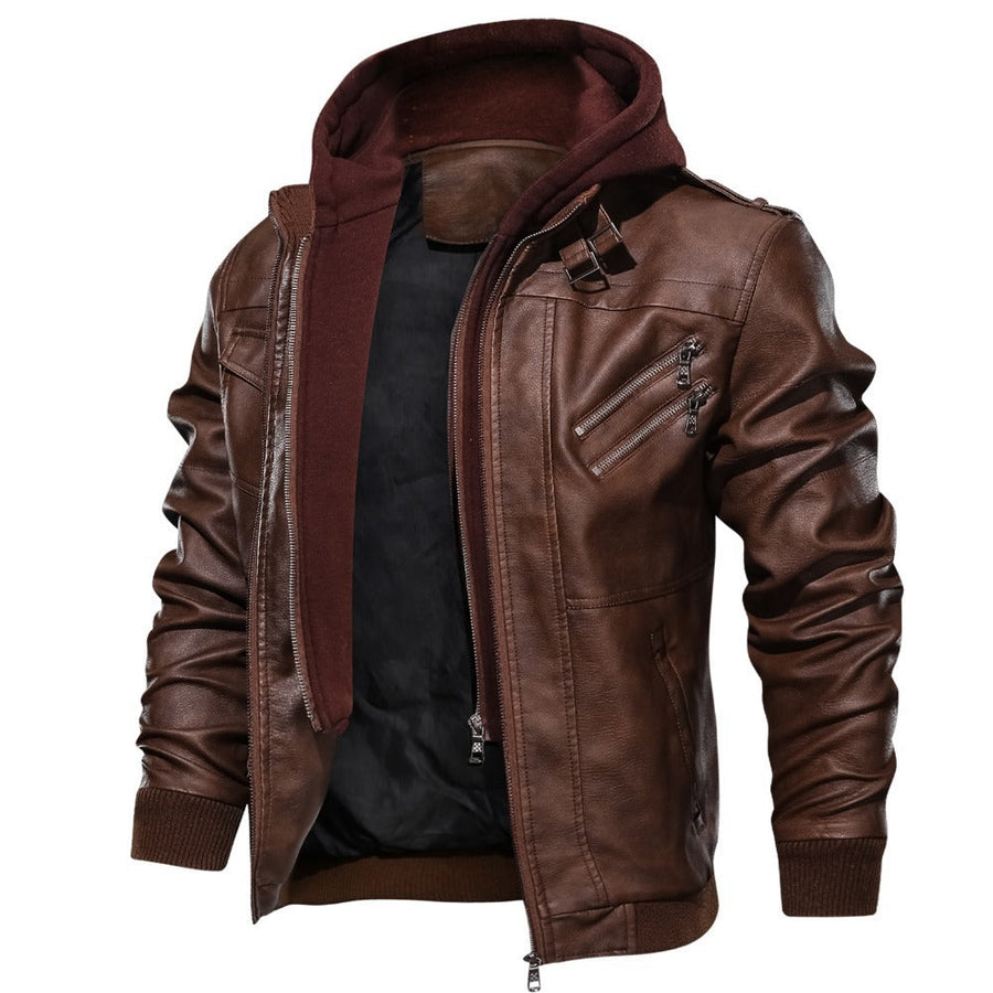Herren Motorradjacke mit Kapuze und Reißverschluss, Kunstleder Jacke