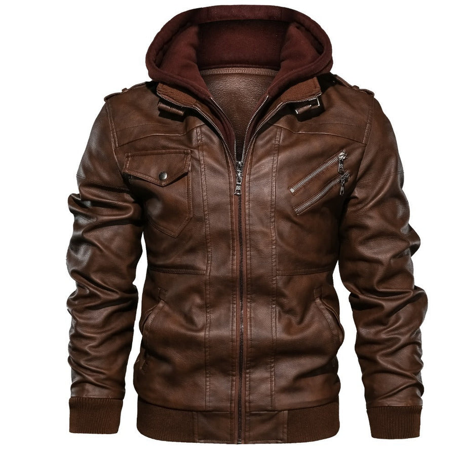 Herren Motorradjacke mit Kapuze und Reißverschluss, Kunstleder Jacke