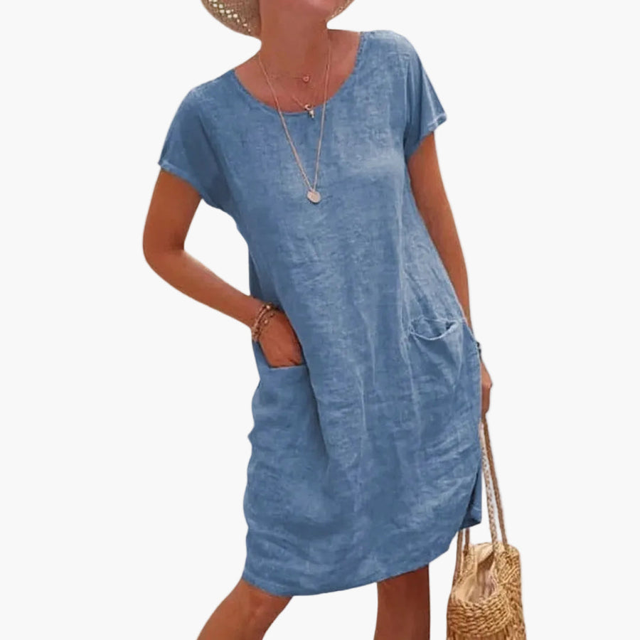 Damen Veganes Leinen Sommerkleid mit kurzen Ärmeln und Taschen – Lässiges Freizeitkleid für Urlaub und Alltag
