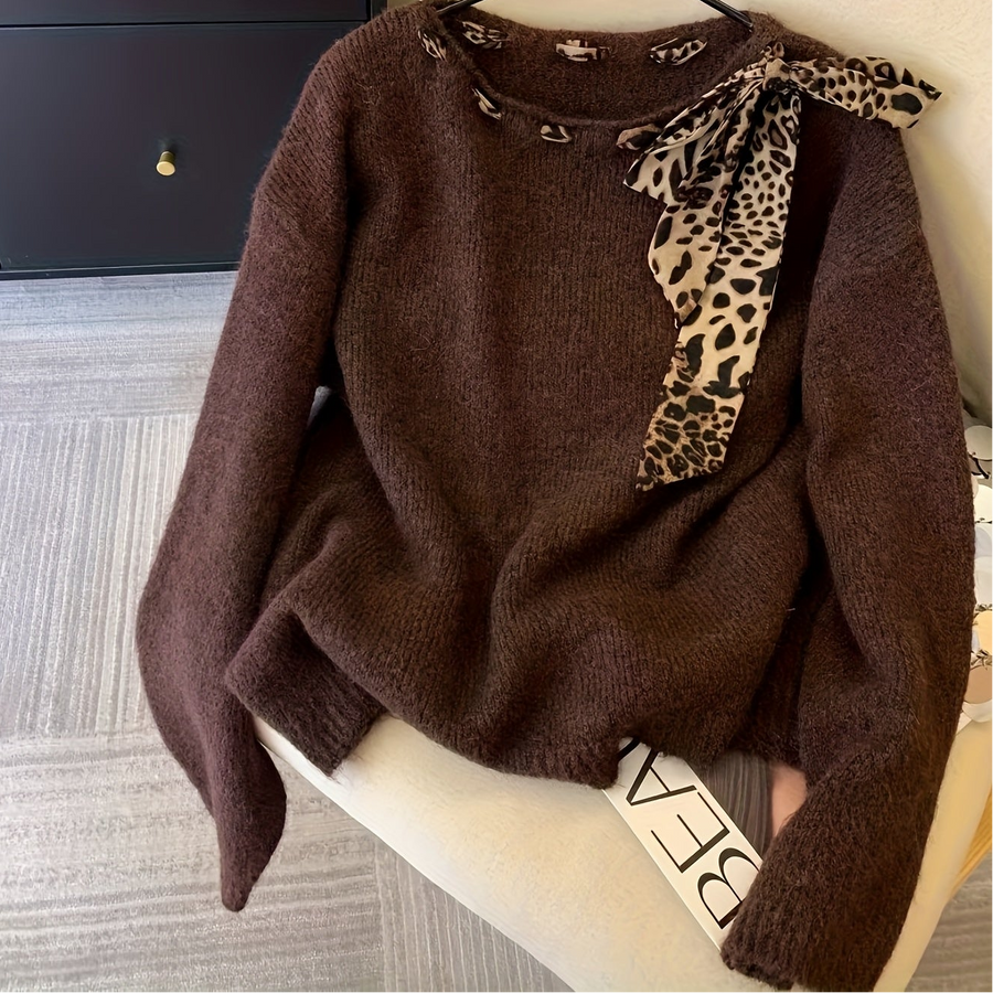 Damen Pullover mit Leopardenmuster Schal Ausschnitt Langarm Strickpullover