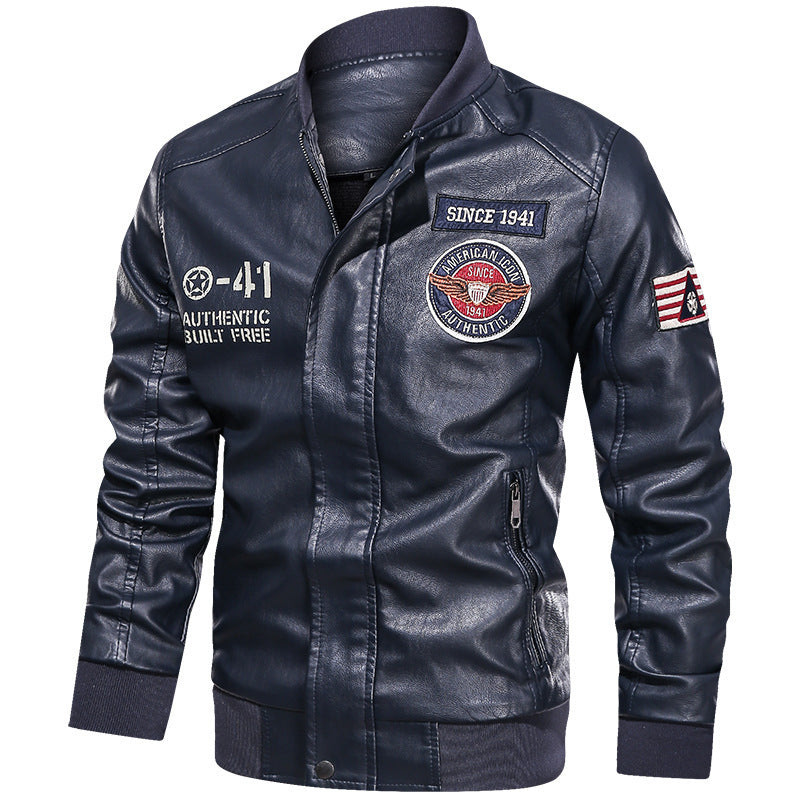 Herenbomberjacke in leerlook met patches, rits en opstaande kraag