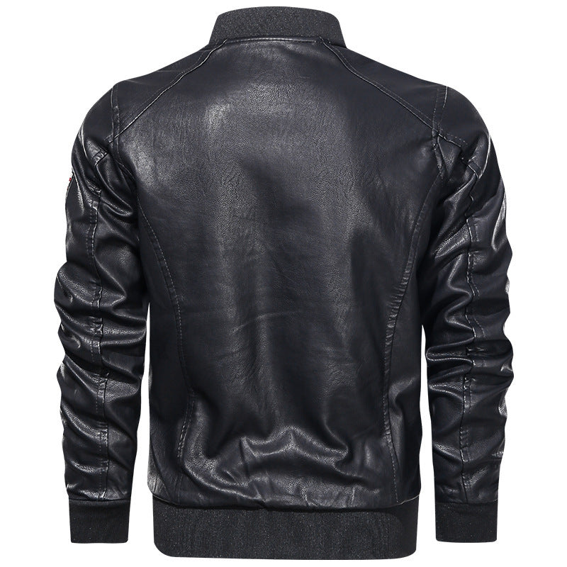 Herenbomberjacke in leerlook met patches, rits en opstaande kraag