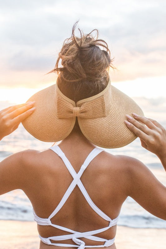 Sonnenhut Damen Stroh-Visor mit Schleife – Strand Mütze Sonnenschutz