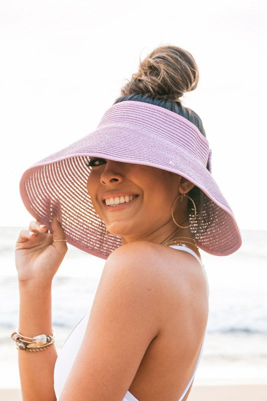 Sonnenhut Damen Stroh-Visor mit Schleife – Strand Mütze Sonnenschutz