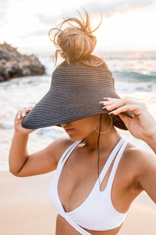 Sonnenhut Damen Stroh-Visor mit Schleife – Strand Mütze Sonnenschutz