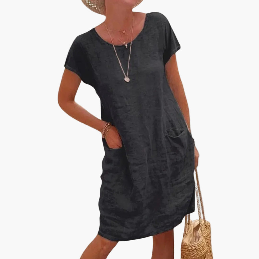 Damen Veganes Leinen Sommerkleid mit kurzen Ärmeln und Taschen – Lässiges Freizeitkleid für Urlaub und Alltag