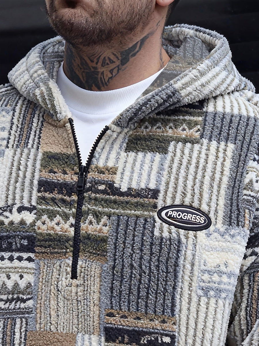 Heren patchwork-hoodie van teddyfleece met quarter-zip