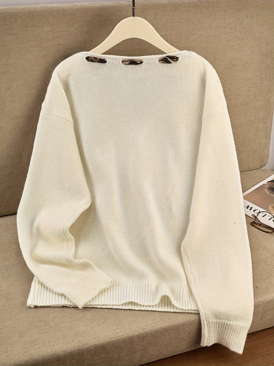 Damen Pullover mit Leopardenmuster Schal Ausschnitt Langarm Strickpullover