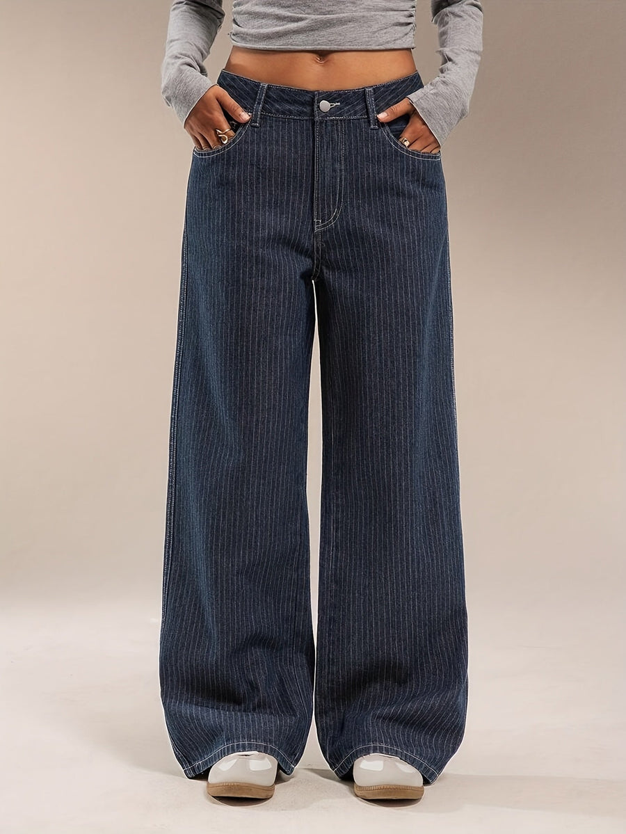 Damen Baggy Jeans dunkelblau mit Nadelstreifen weites Bein