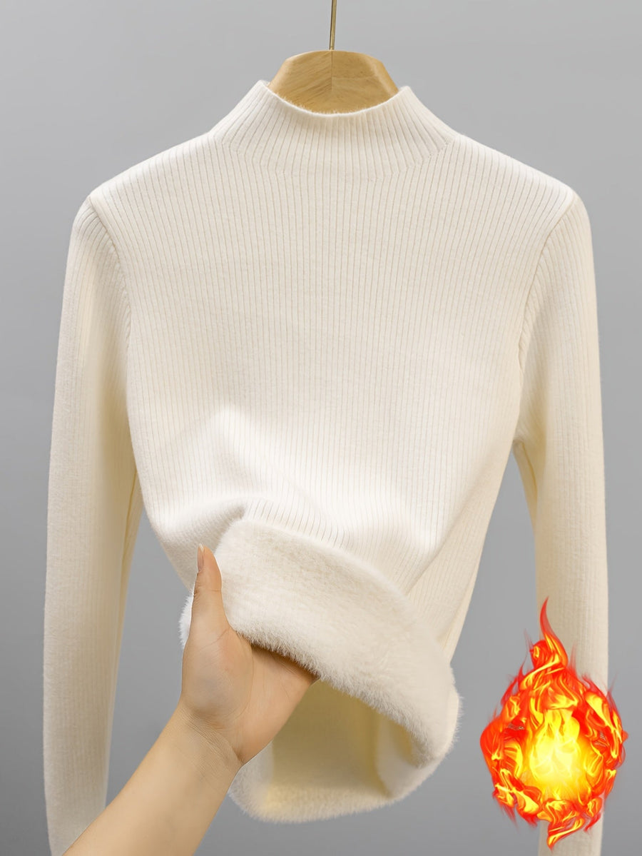 Gerippter Damen Mock-Neck Pullover Langarm Futter Weich Warm