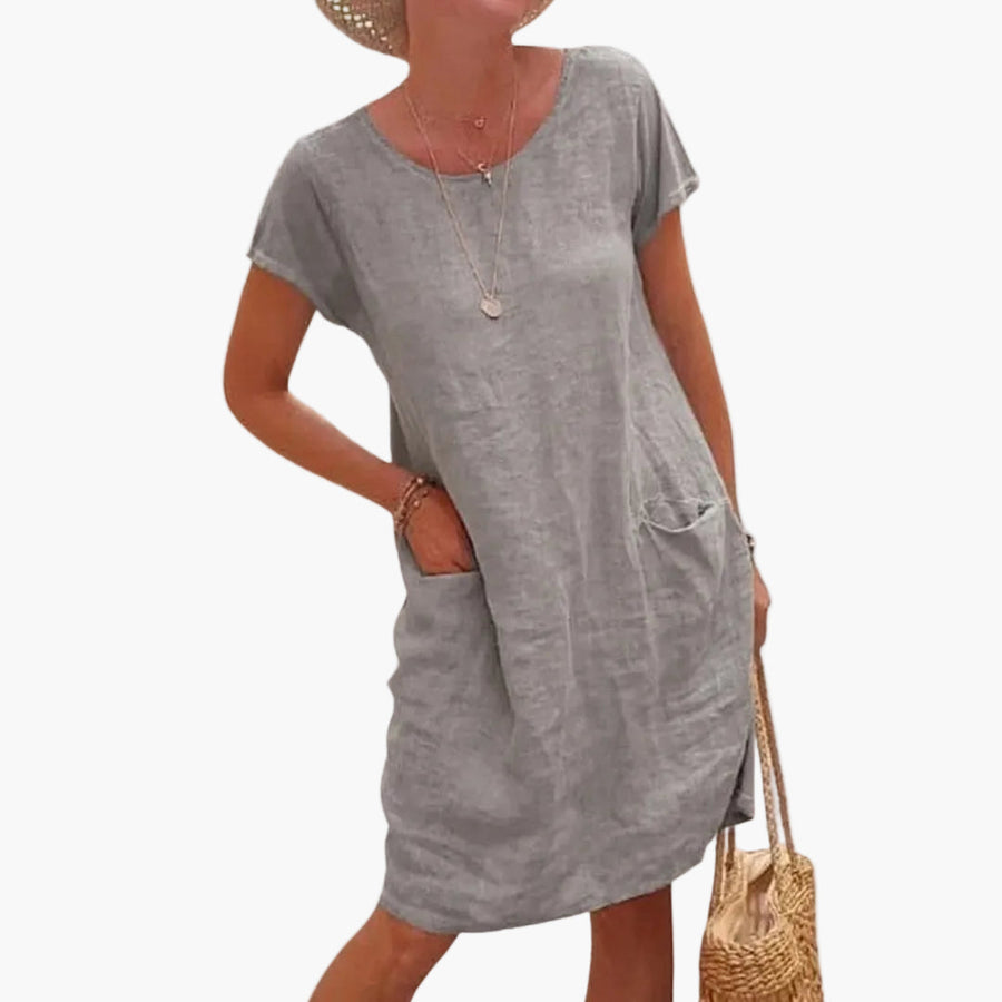 Damen Veganes Leinen Sommerkleid mit kurzen Ärmeln und Taschen – Lässiges Freizeitkleid für Urlaub und Alltag