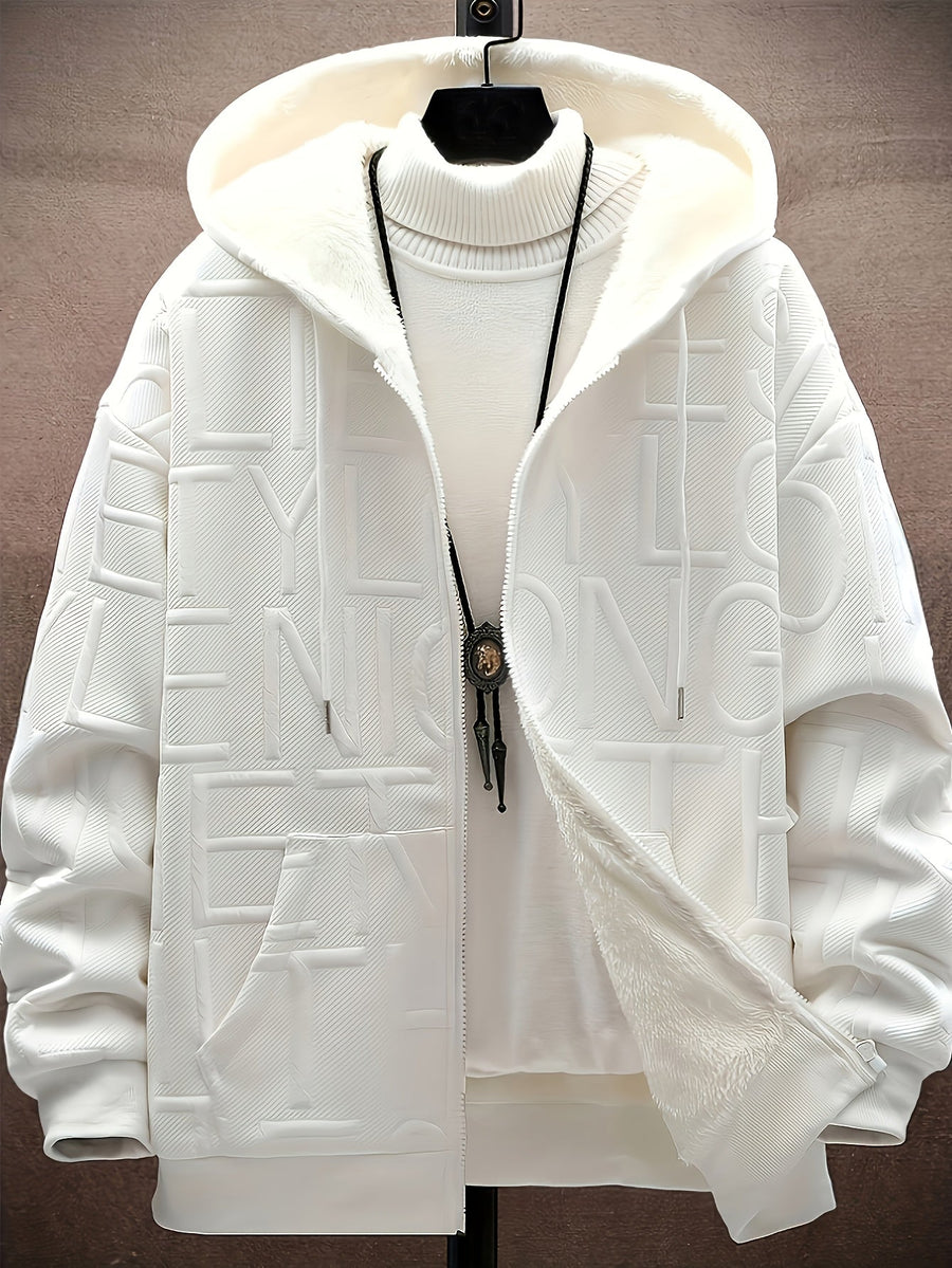 Herren Winter Hoodie Jacke mit Plüschfutter Reißverschluss Dick Gemustert Schwarz