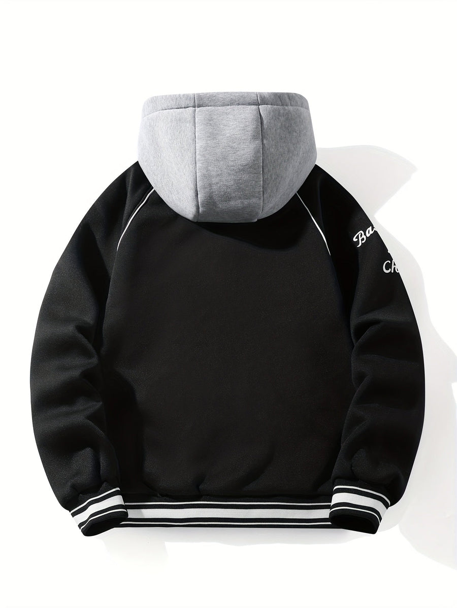 Unisex Kapuzen Sweatshirt Jacke mit Knopfleiste Varsity Style