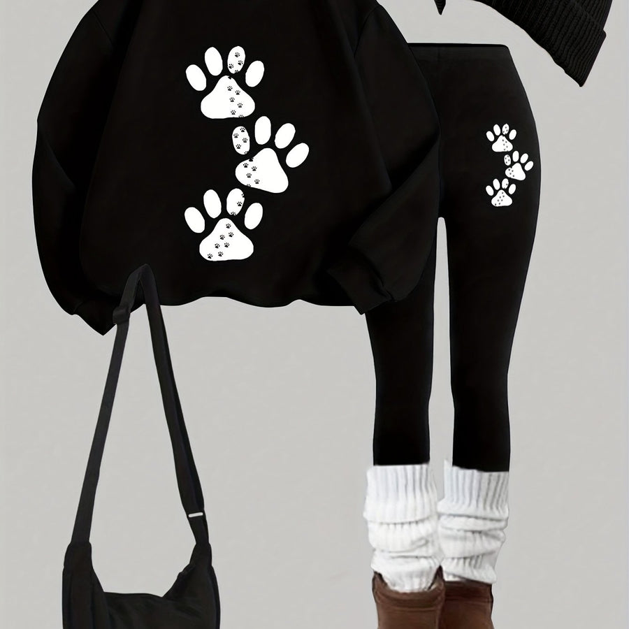 Damen Sweatshirt und Leggings Set mit Pfotenabdruck Print