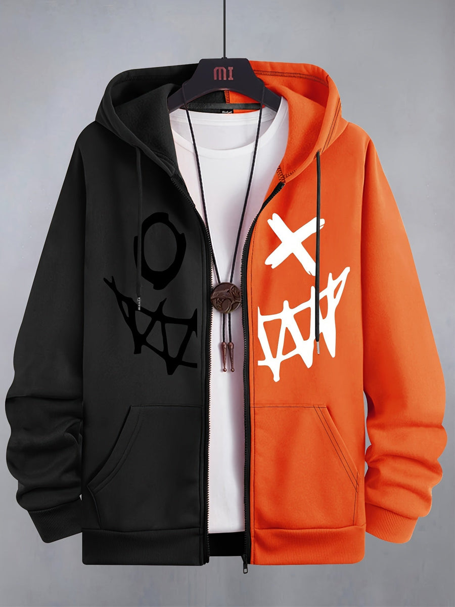 Unisex Kapuzenjacke mit Reißverschluss, Zweifarbig und Grafikmuster, Sportlicher Hoodie