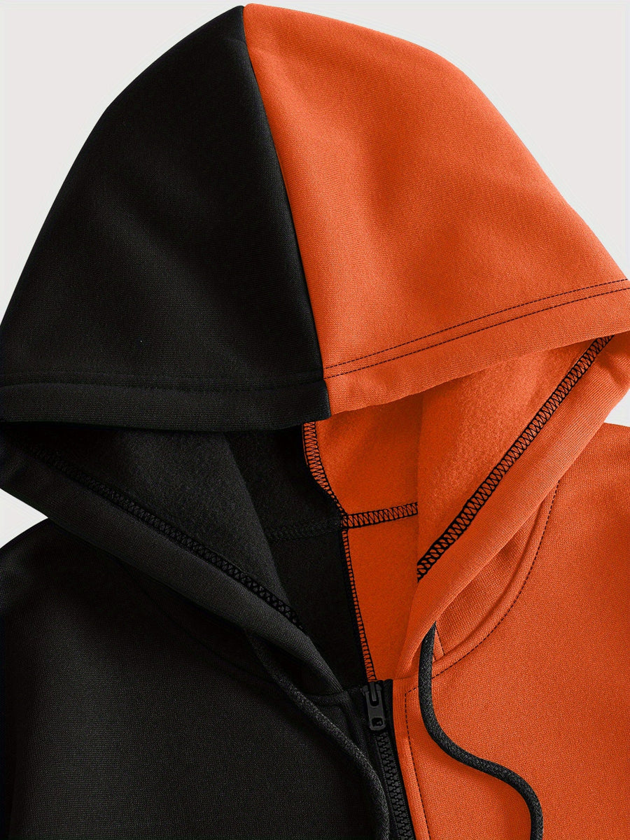 Unisex Kapuzenjacke mit Reißverschluss, Zweifarbig und Grafikmuster, Sportlicher Hoodie