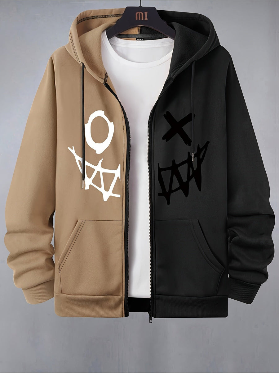 Unisex Kapuzenjacke mit Reißverschluss, Zweifarbig und Grafikmuster, Sportlicher Hoodie