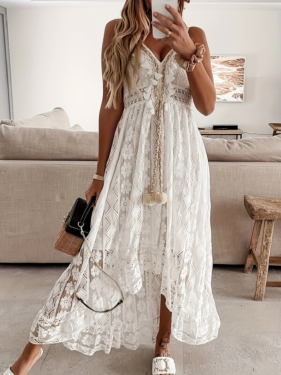 Damen Boho Maxikleid mit Spitze und V-Ausschnitt – Elegantes Sommerkleid für Feste und Strand