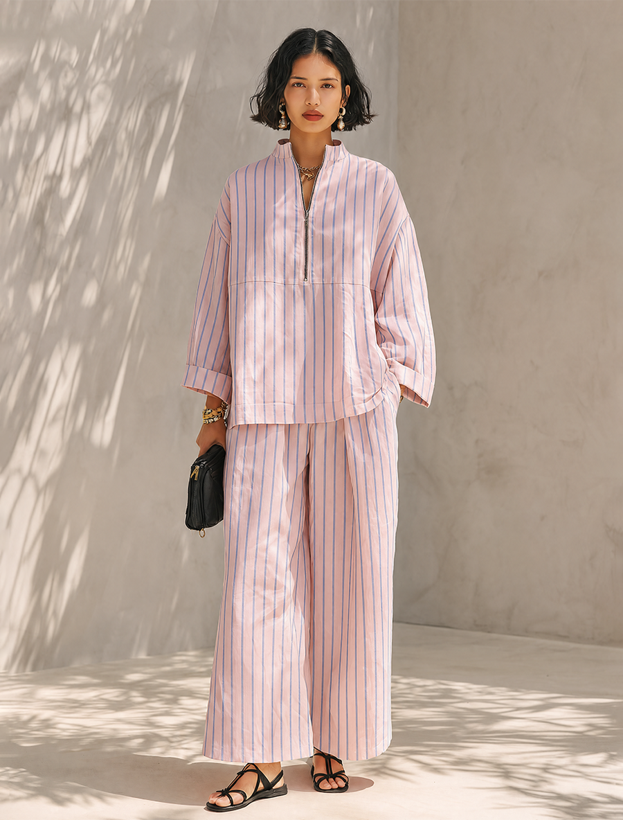 Roze gestreepte loungewearset voor dames met opstaande kraag en ritssluiting