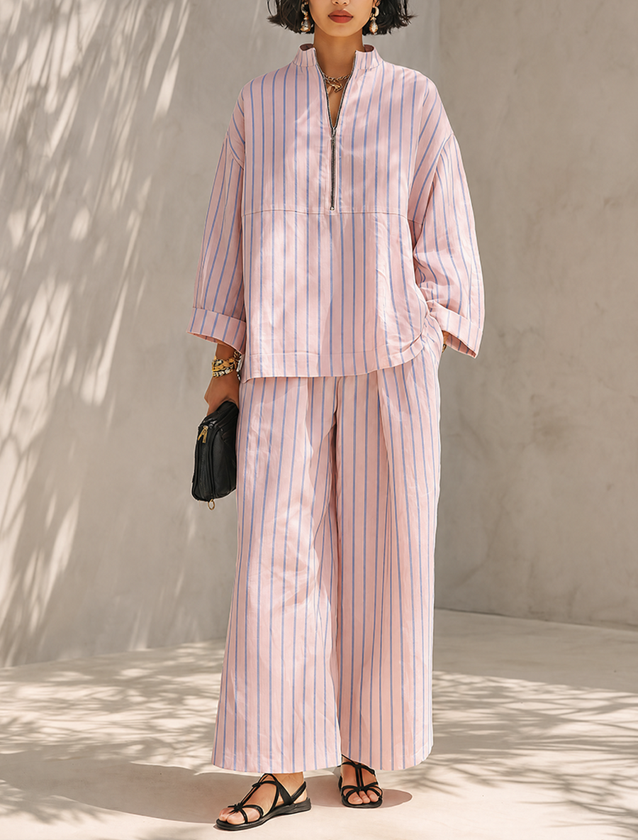 Roze gestreepte loungewearset voor dames met opstaande kraag en ritssluiting