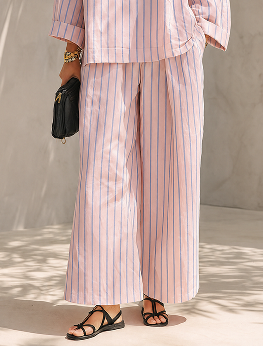 Roze gestreepte loungewearset voor dames met opstaande kraag en ritssluiting