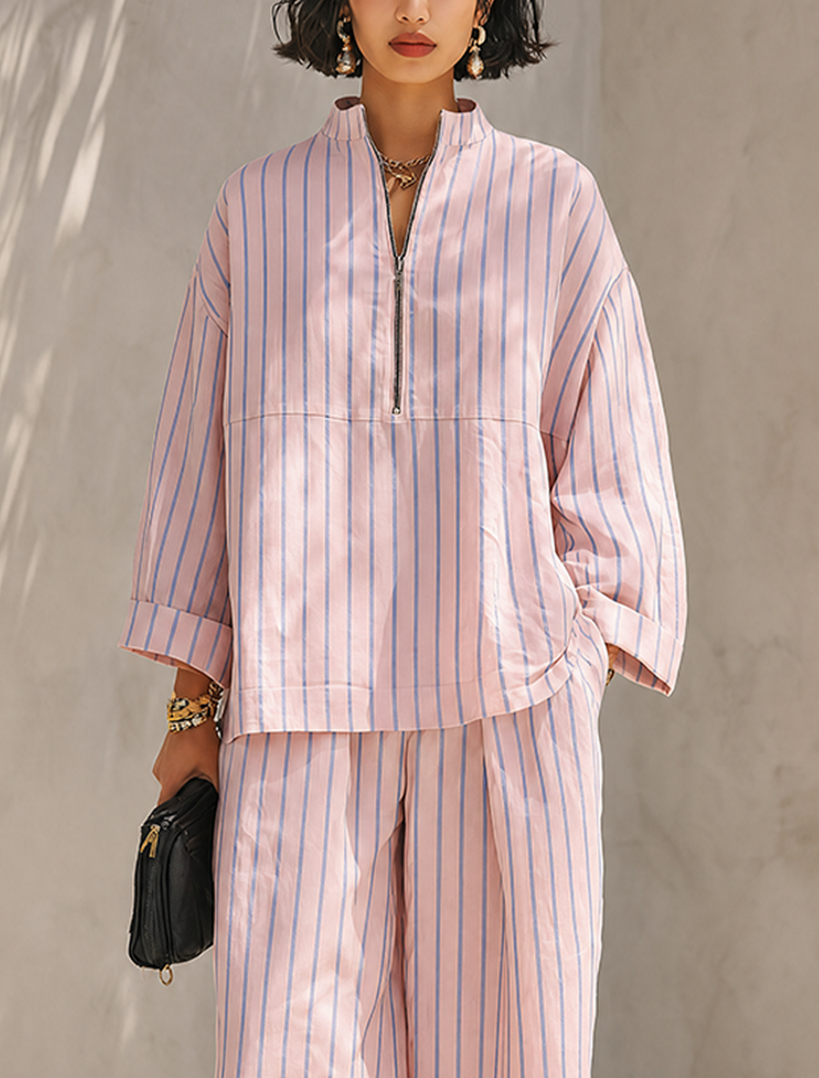 Roze gestreepte loungewearset voor dames met opstaande kraag en ritssluiting