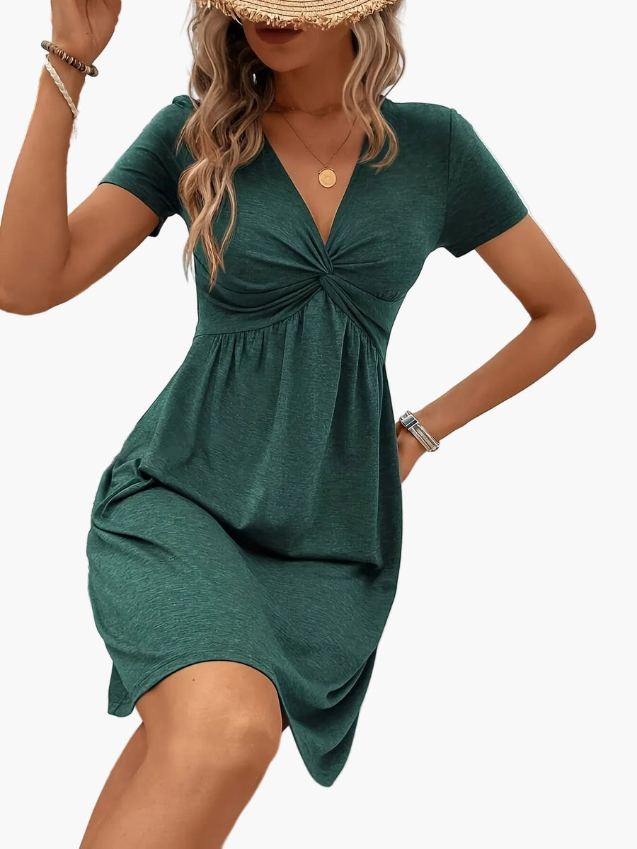 Damen Sommerkleid mit V-Ausschnitt und Twist-Detail – Eleganter Freizeitstil für Urlaub und Alltag