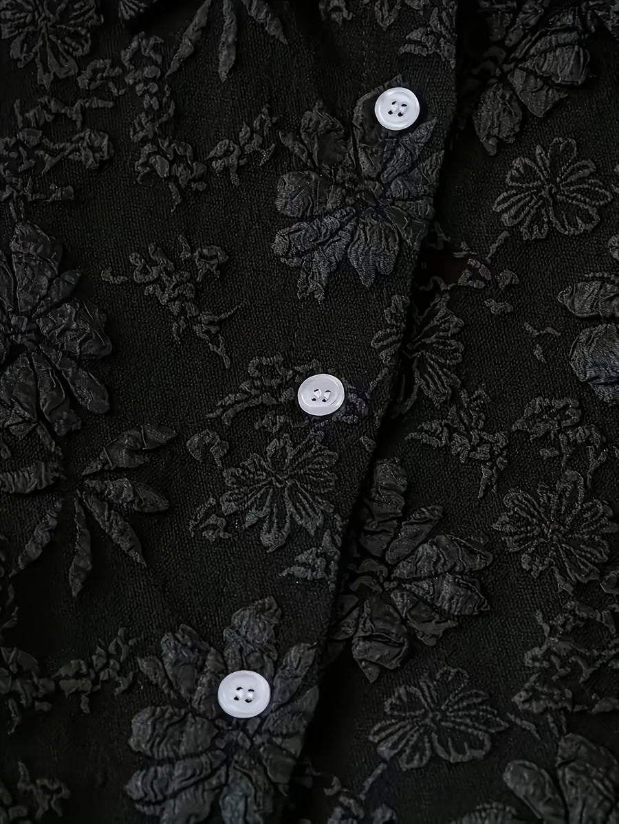 Damen Kurzarm Bluse Schwarz Jacquard-Muster Langarm Hemdbluse mit Ballonärmeln