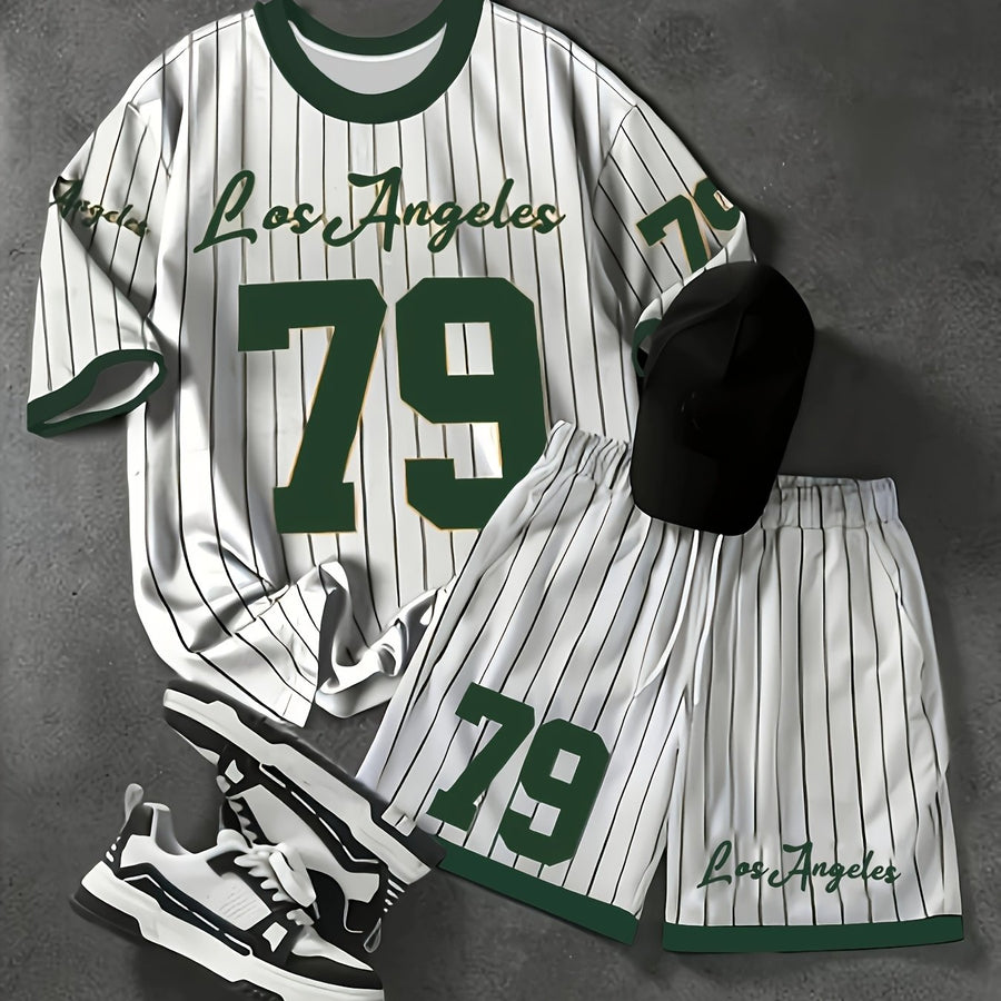 Herren Sportset Los Angeles 79 – Pinstripe Shirt und Shorts im Retro-Stil