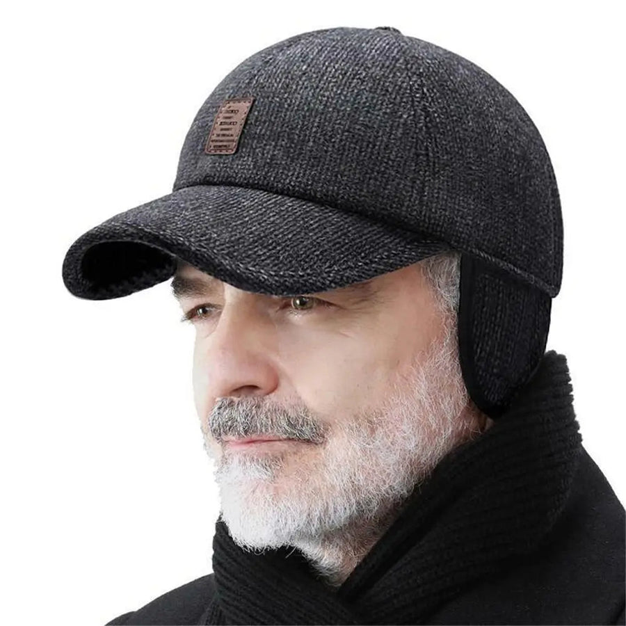 Herren Winter Baseball Cap mit Ohrenklappen, Strickoptik Mütze