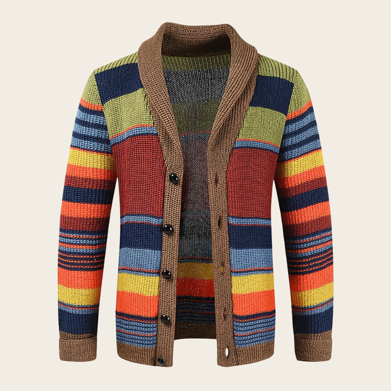 Gestrickter Herren Cardigan mit Schalkragen und Knopfleiste, Querstreifen Muster