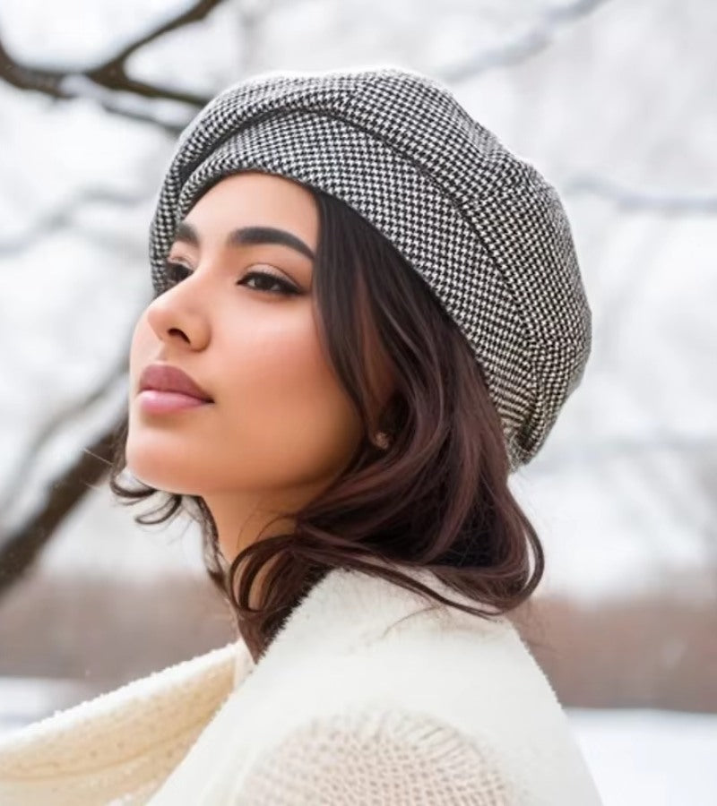 Damen Barett Mütze mit Karomuster Beige