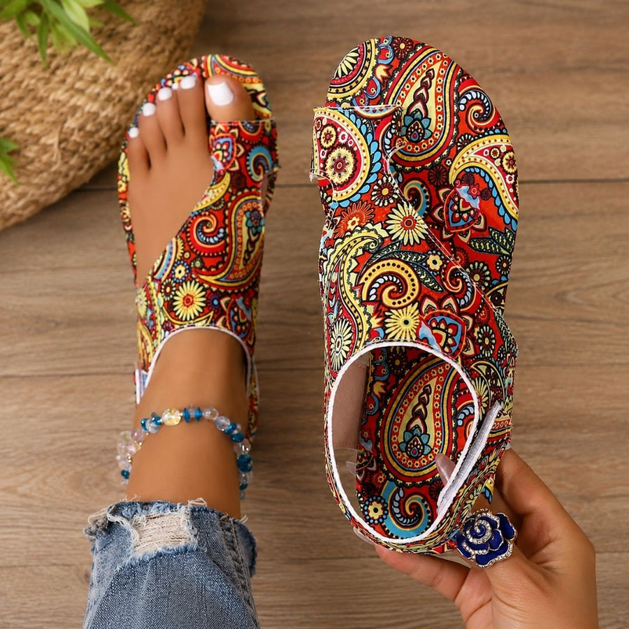 Damen Sandalen mit Zehensteg und Paisley-Muster, Riemchen-Design