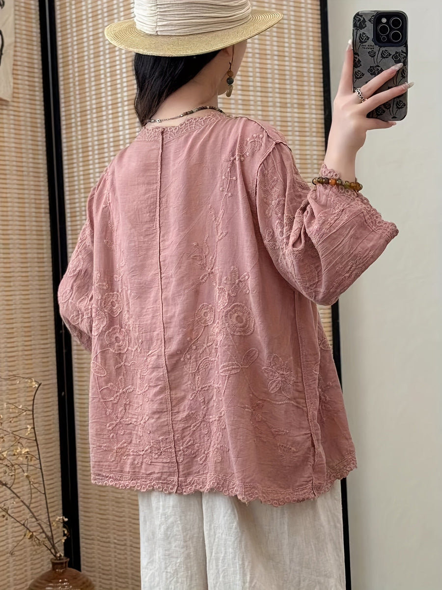 Damen Bluse Langarm V-Ausschnitt Bestickt mit Knopfleiste und Spitze