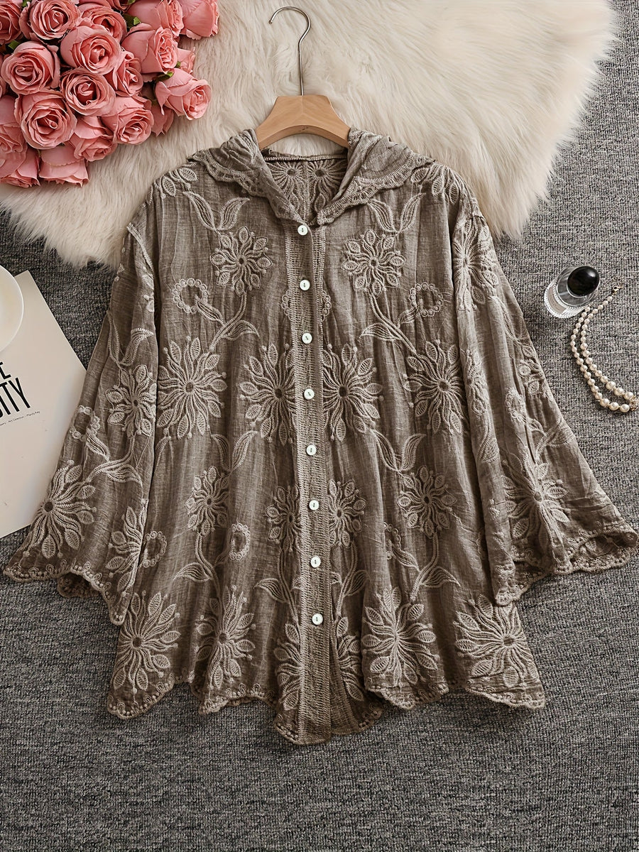 Damen Bestickte Bluse mit Kapuze, Langarm, Floral, Grün