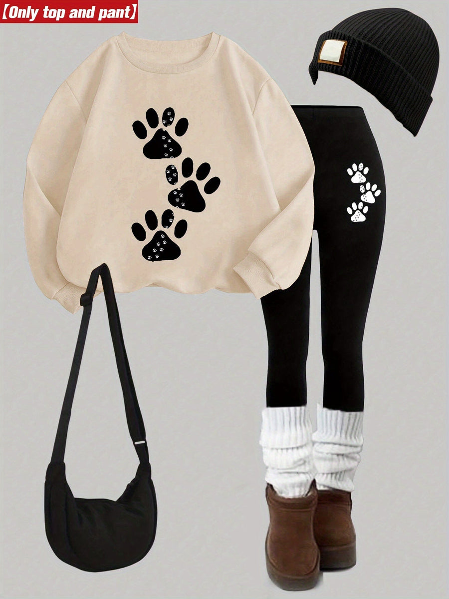 Damen Sweatshirt und Leggings Set mit Pfotenabdruck Print