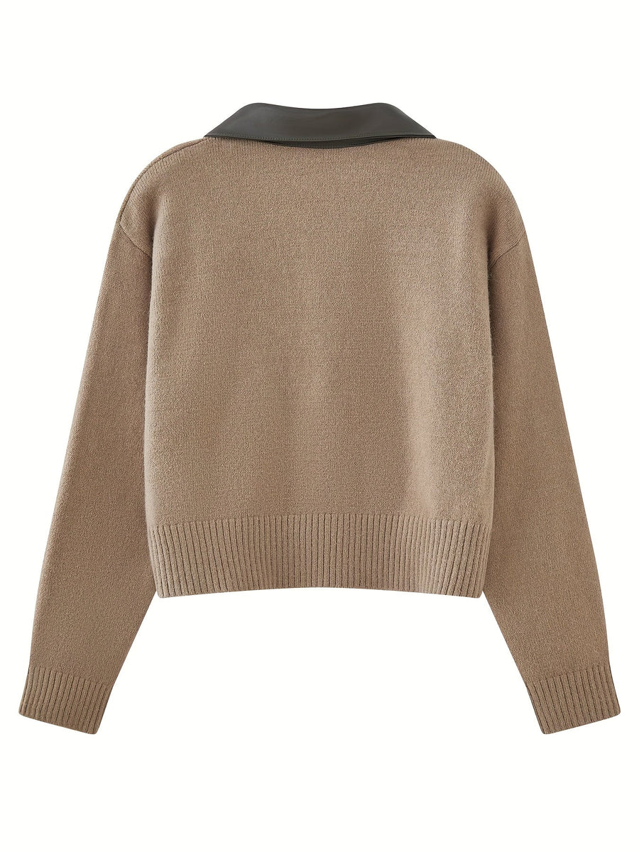 Damen Strickjacke kurz mit Reißverschluss und Kragen in Beige