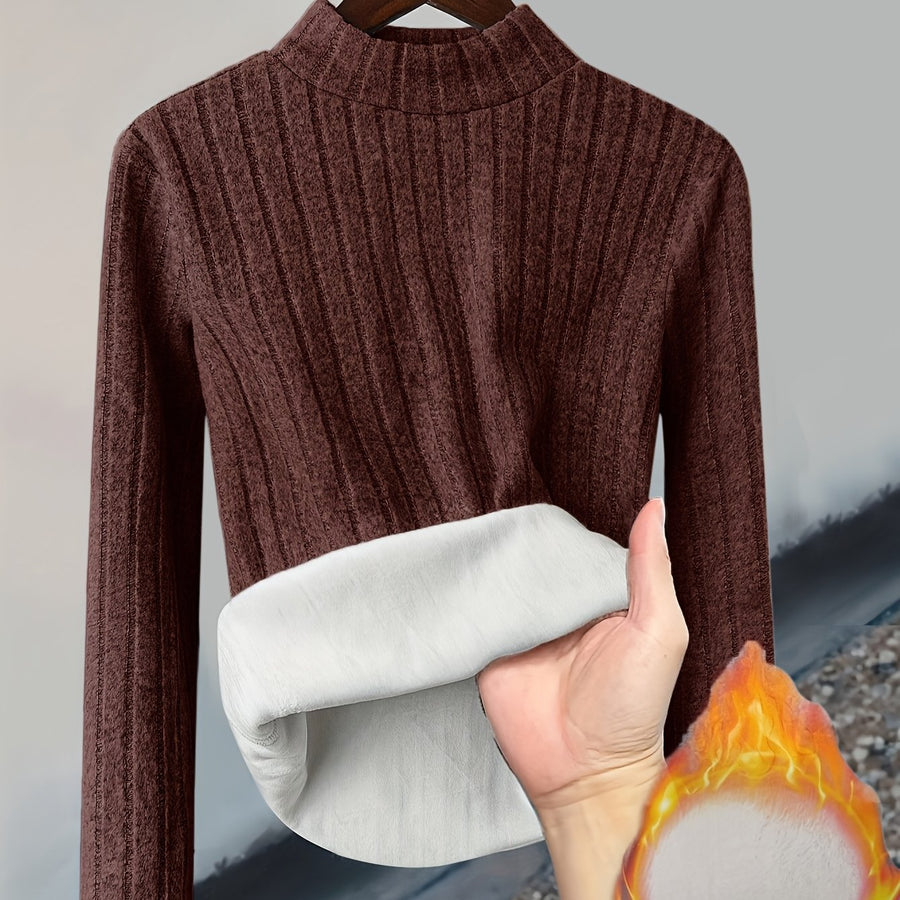 Gerippter Damen Pullover mit hohem Kragen und warmem Fleecefutter, Langarm, Slim Fit
