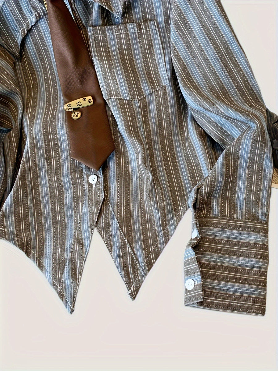 Gestreifte Bluse mit Spitzkragen und Krawatte, langärmelig, für Damen