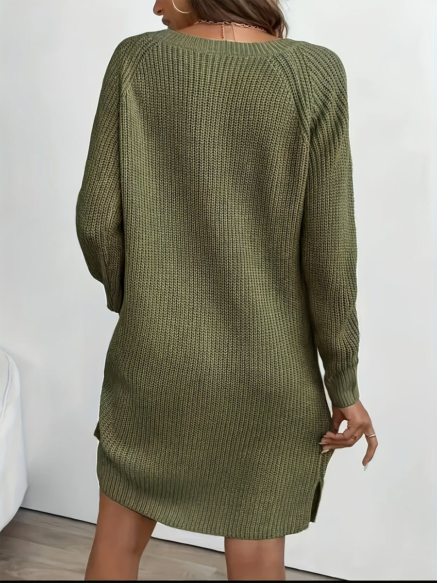 Damen Strickkleid V-Ausschnitt Langarm Strickpullover-Kleid