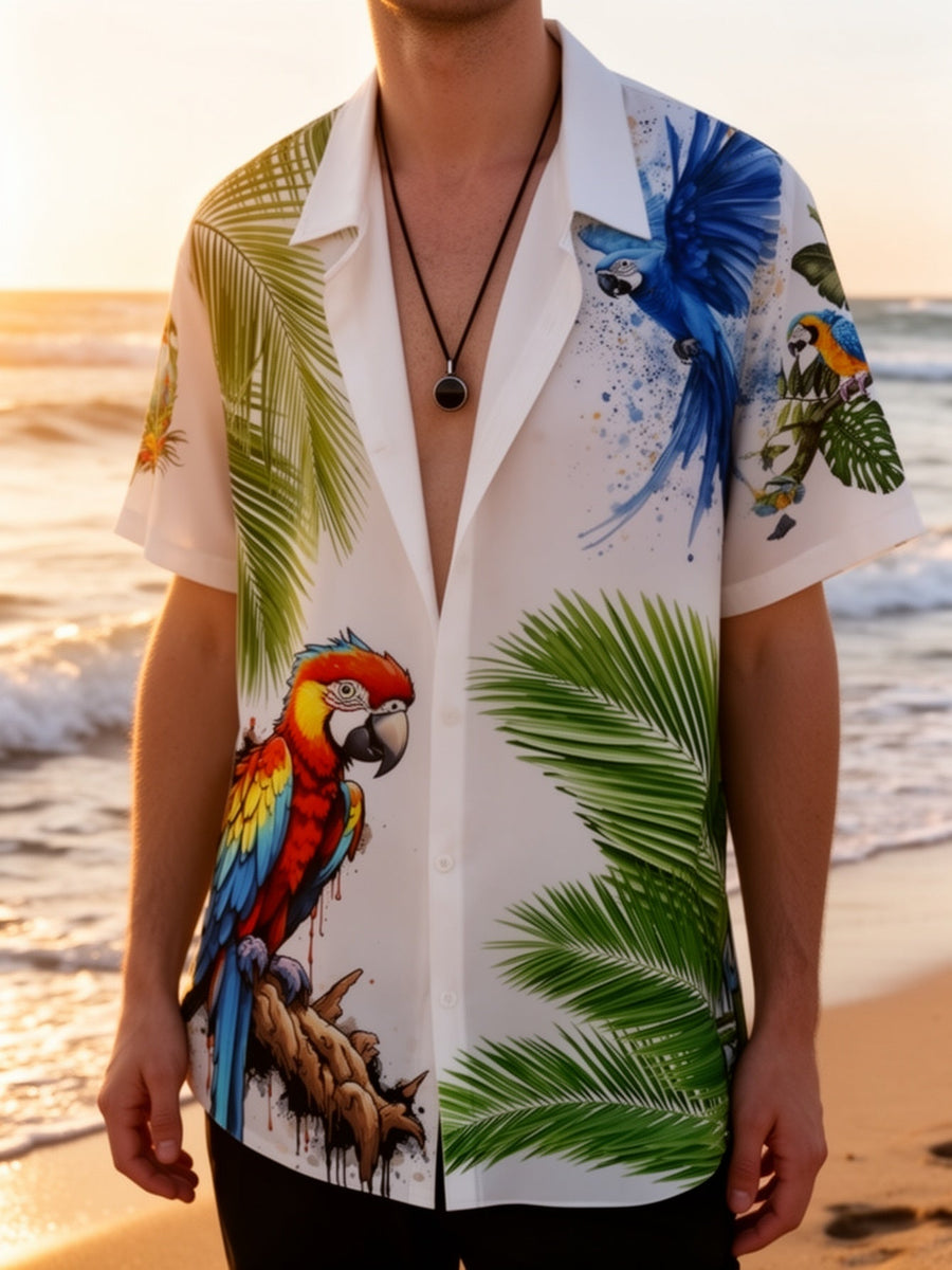 Herren Hawaiihemd mit Papageien-Print und tropischem Palmen-Design – Kurzarm, Freizeit, Sommer