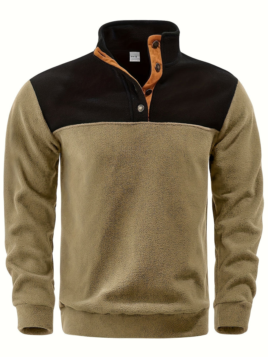 Herren Fleece Pullover mit Stehkragen und Knopfleiste - Zweifarbig