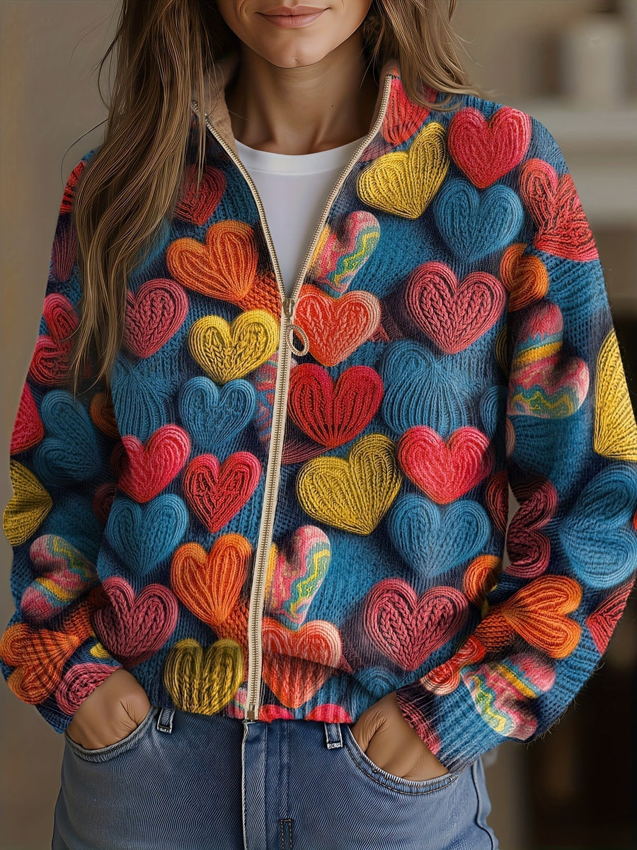 Dames vest met hartjespatroon, rits, kleurrijk