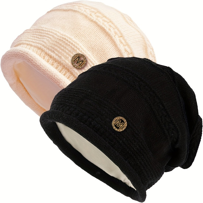 Slouchy Beanie Mütze Damen Strickmütze Beige mit Muster weiches Innenfutter
